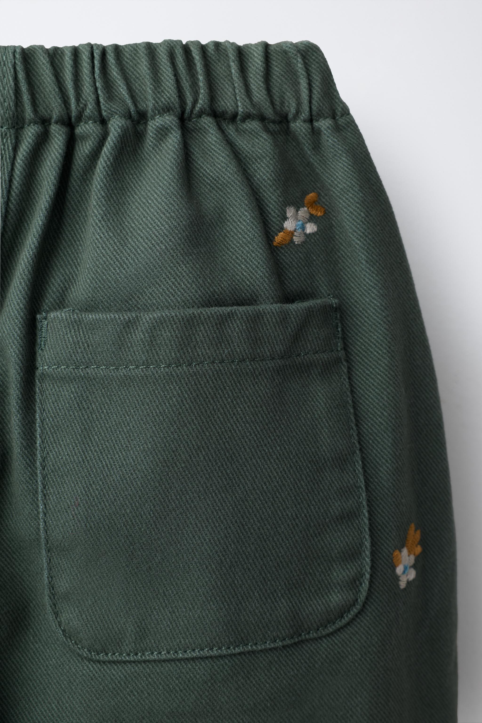 FLORAL EMBROIDERED TWILL PANTS